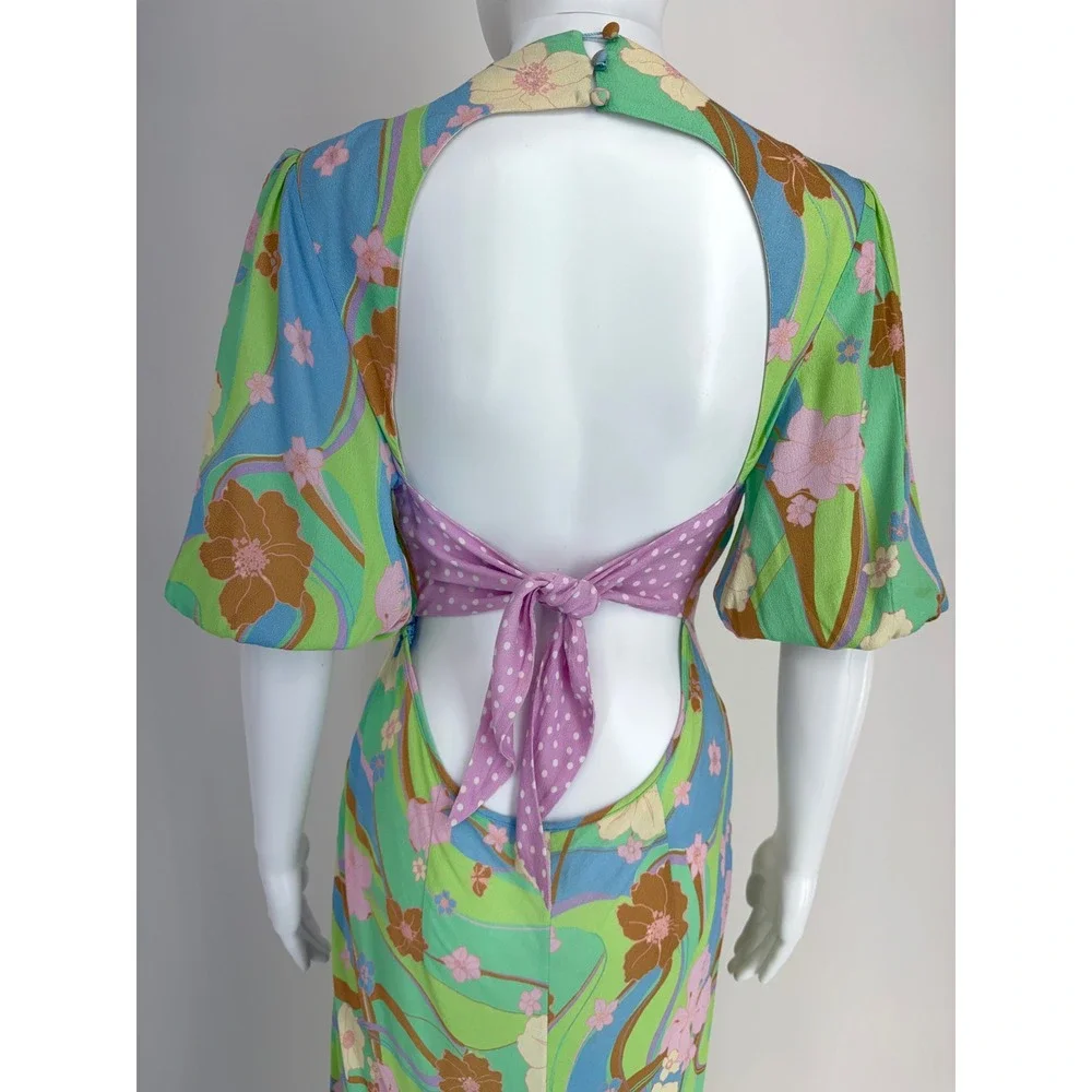 RIXO Steph Maxi Dress Floral Open Back Tie Waist Puff Sleeve Size S - Picture 8 of 9